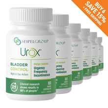 Load image into Gallery viewer, 6 Urox Bladder Control bottles with buy 6 save 15% + free shipping graphic
